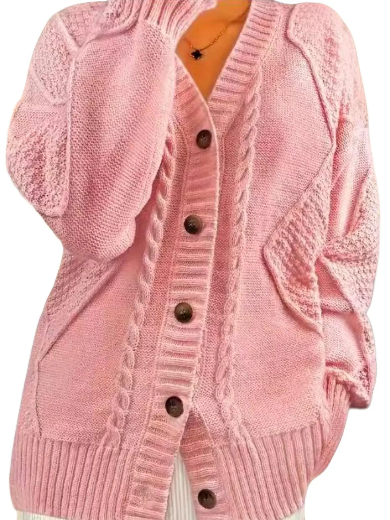 Women’s Soft Knit Cable Pink Cardigan Sweater – Relaxed V-Neck Button Down Top