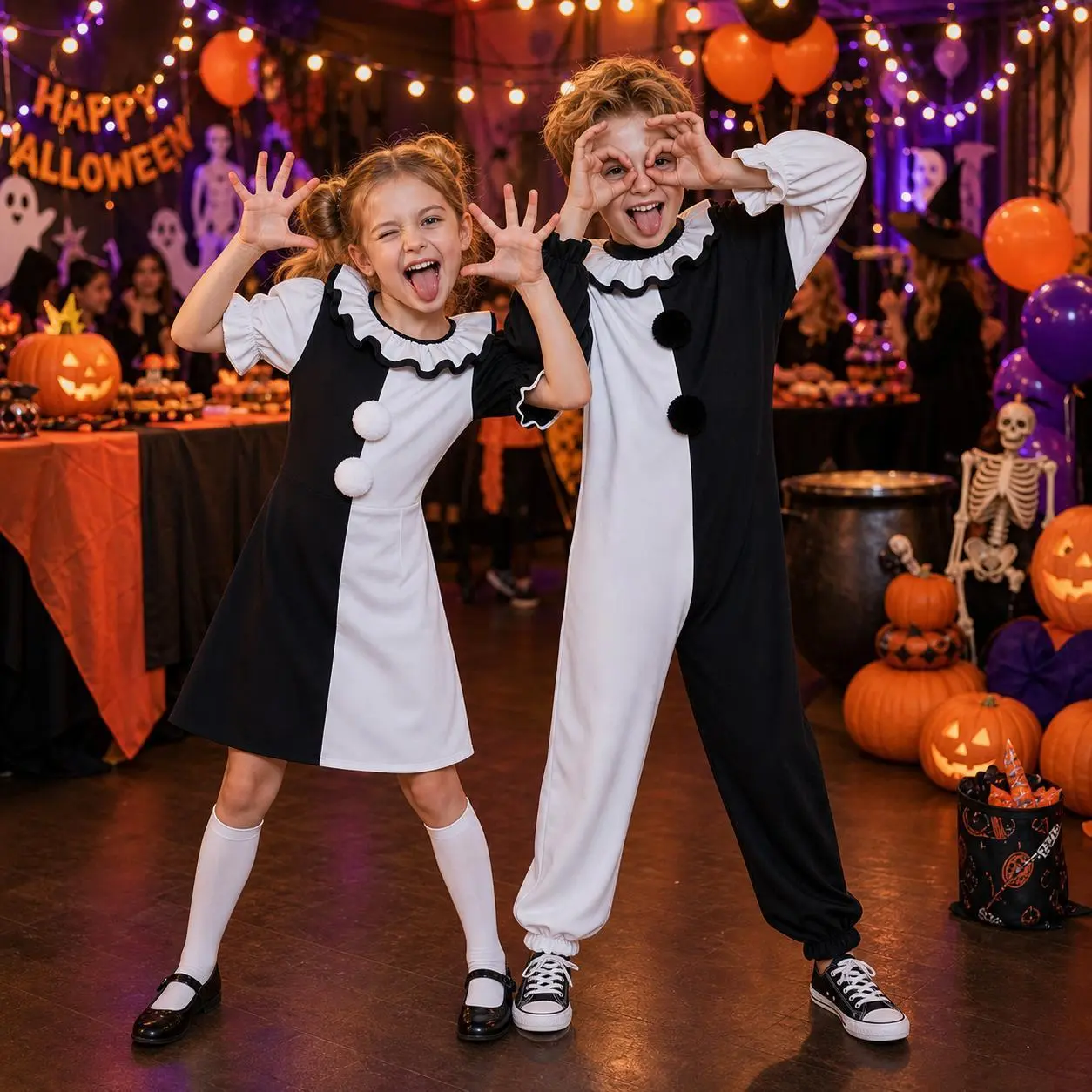Kid and Adult Clown Costume Jumpsuit Women Men Black and White Halloween Outfit Scary Killer Cosplay for Boys Girls Perfect for Family -Parent‑Child Activities Clear Clothes