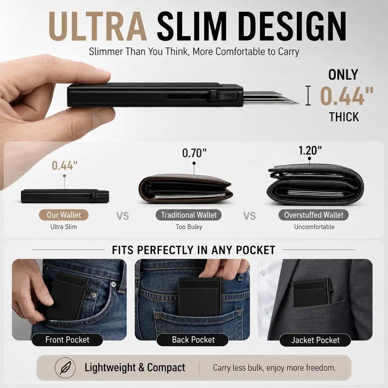 Pop Up Card Holder Wallet, Slim Minimalist Card Wallet with Cash Pocket, One Click Card Case Holds Up to 6 Cards, Front Pocket Wallet for Men & Women