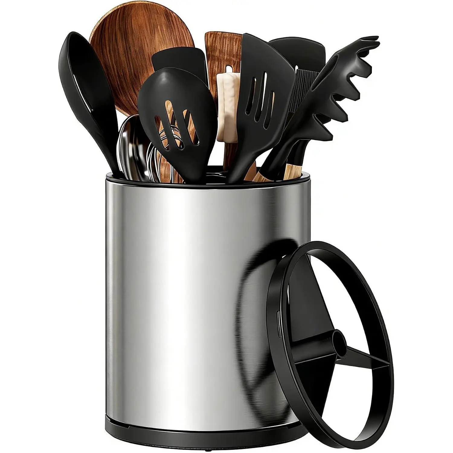 Large Stainless Steel Cylindrical Rotating Storage Utensil Holder for Kitchen Counter, 360° Rotatable Cooking Tools Organizer with 3 Dividers, Self-Draining Crock That Holds Spoons & 14 Other Utensils