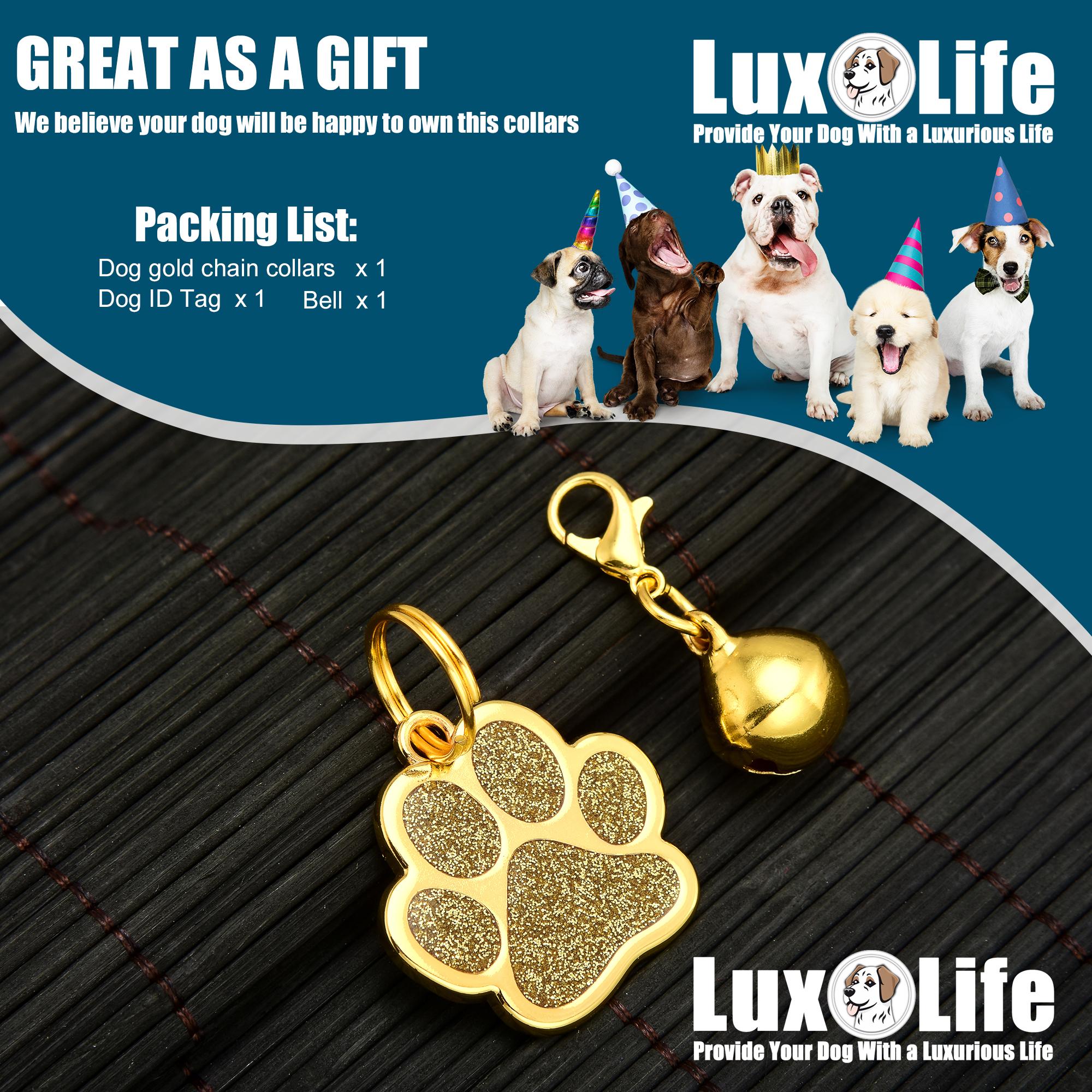 Cuban Link Dog Collar Gold Dog Collar 16mm Dog Chain Collars with Snap Buckle 18K Gold Miami Stainless Steel Metal Collars for Puppy Small Medium Large Dogs with Dog tag & Bell