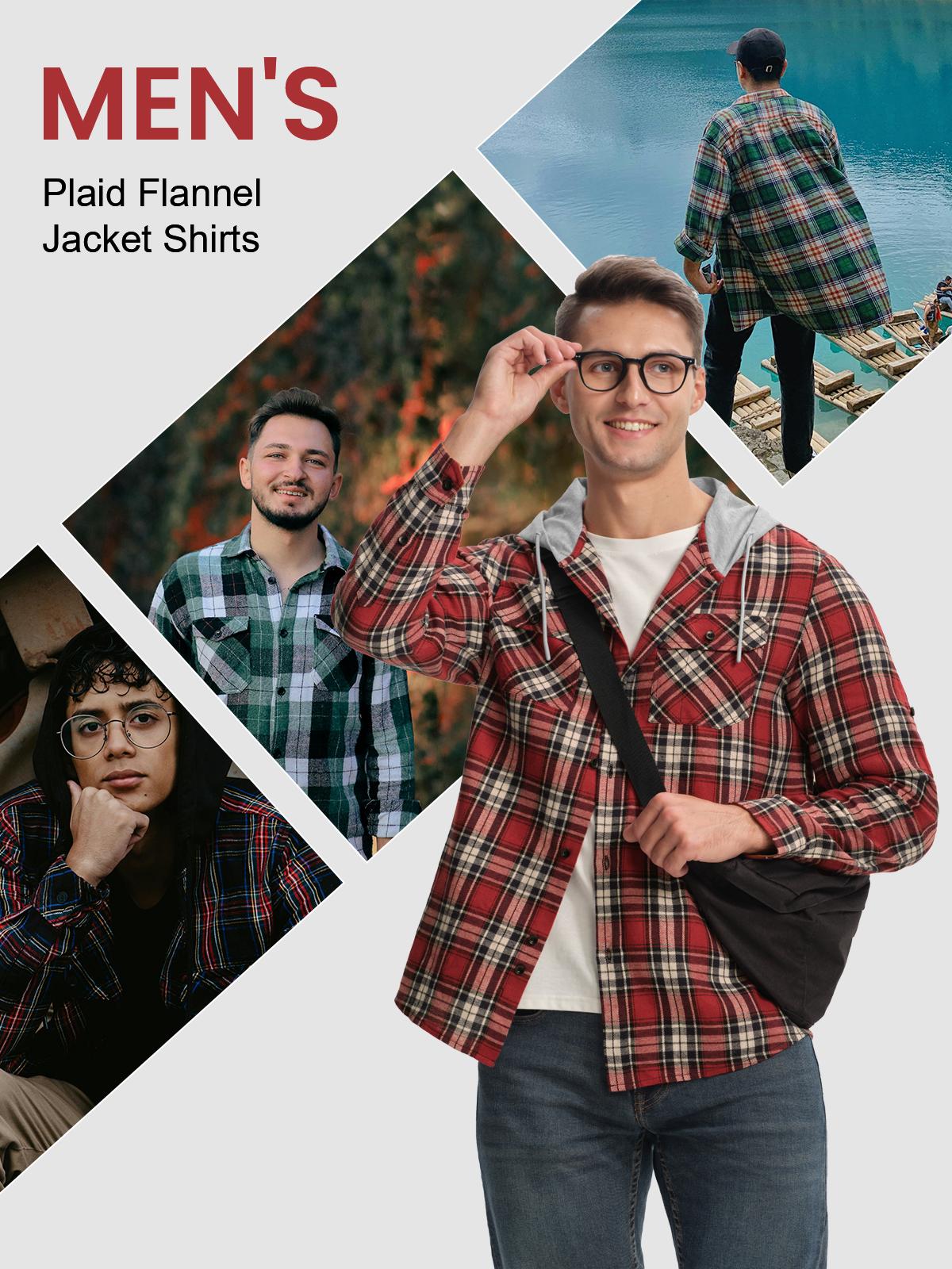 Gopune Men's Casual Flannel Plaid Button Hooded Shirts Lightweight Outdoor Jacket