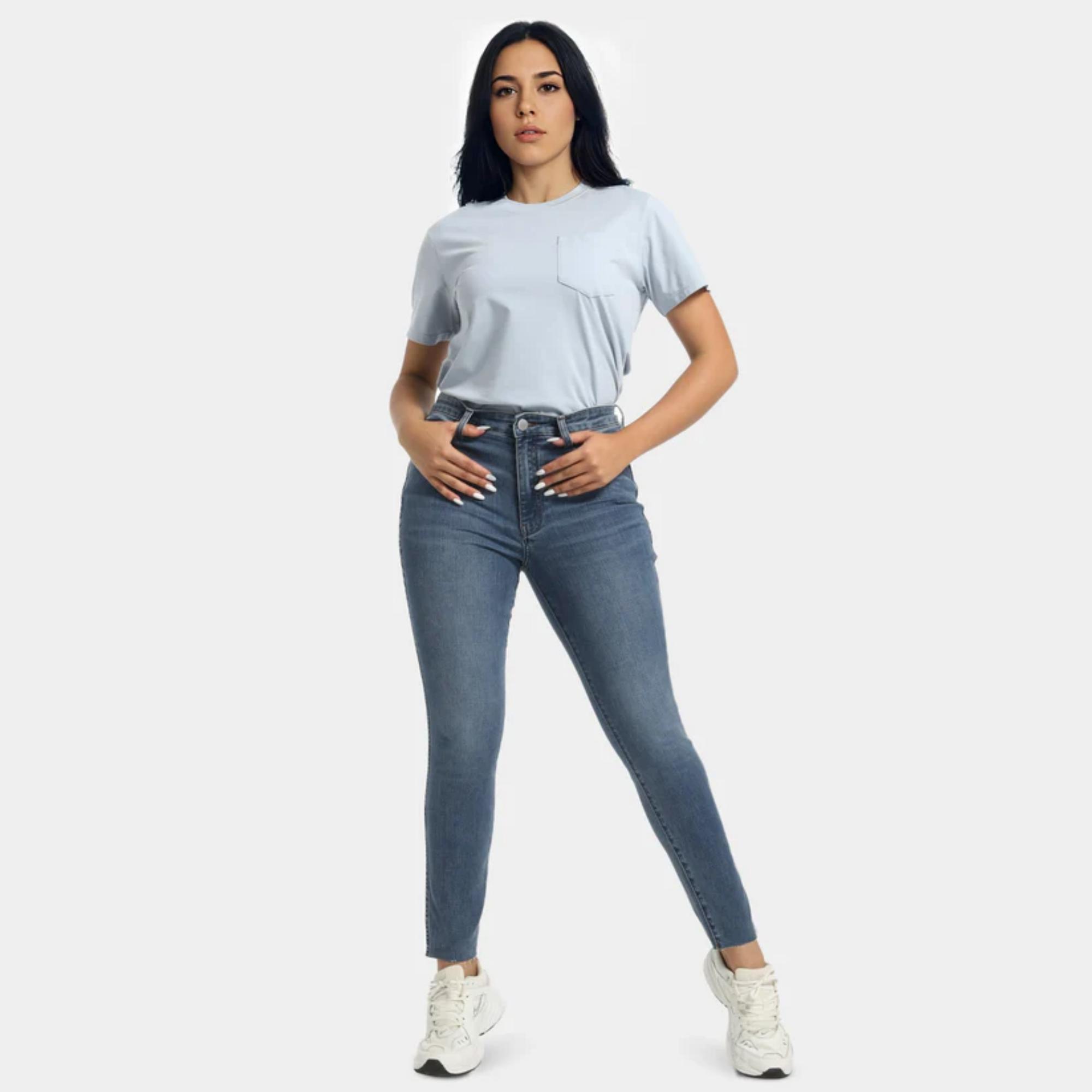 Women's Skinny Fit High-Stretchy High Rise Genuwii Washed Jeans, Sleek Finish Fabric, Blue Denim, Comfortable Slim Casual Basic Style - No More Awkward Gaps, Secure Bottom, Flattering Cute Jeans, Outdoor Streetwear Pants, Womenswear Medium Trouser