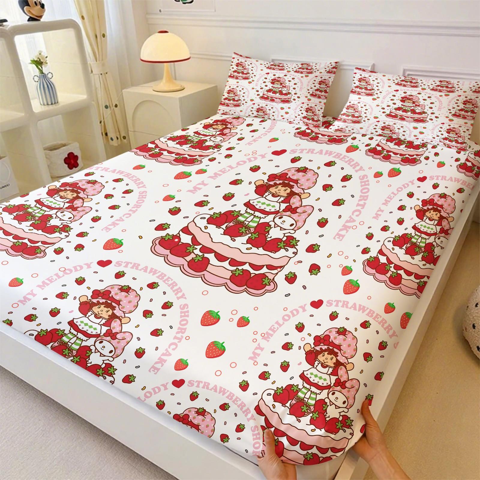 Strawberry Shortcake x My Melody Fitted Sheet Set, 1 Fitted Sheet + 2 Pillowcases - 3 Pcs Soft Bedding with Deep Pocket, 360° Full Coverage, Wrinkle Free, Cute Strawberry Cake Cartoon Bed Sheets for Girls, Full Size