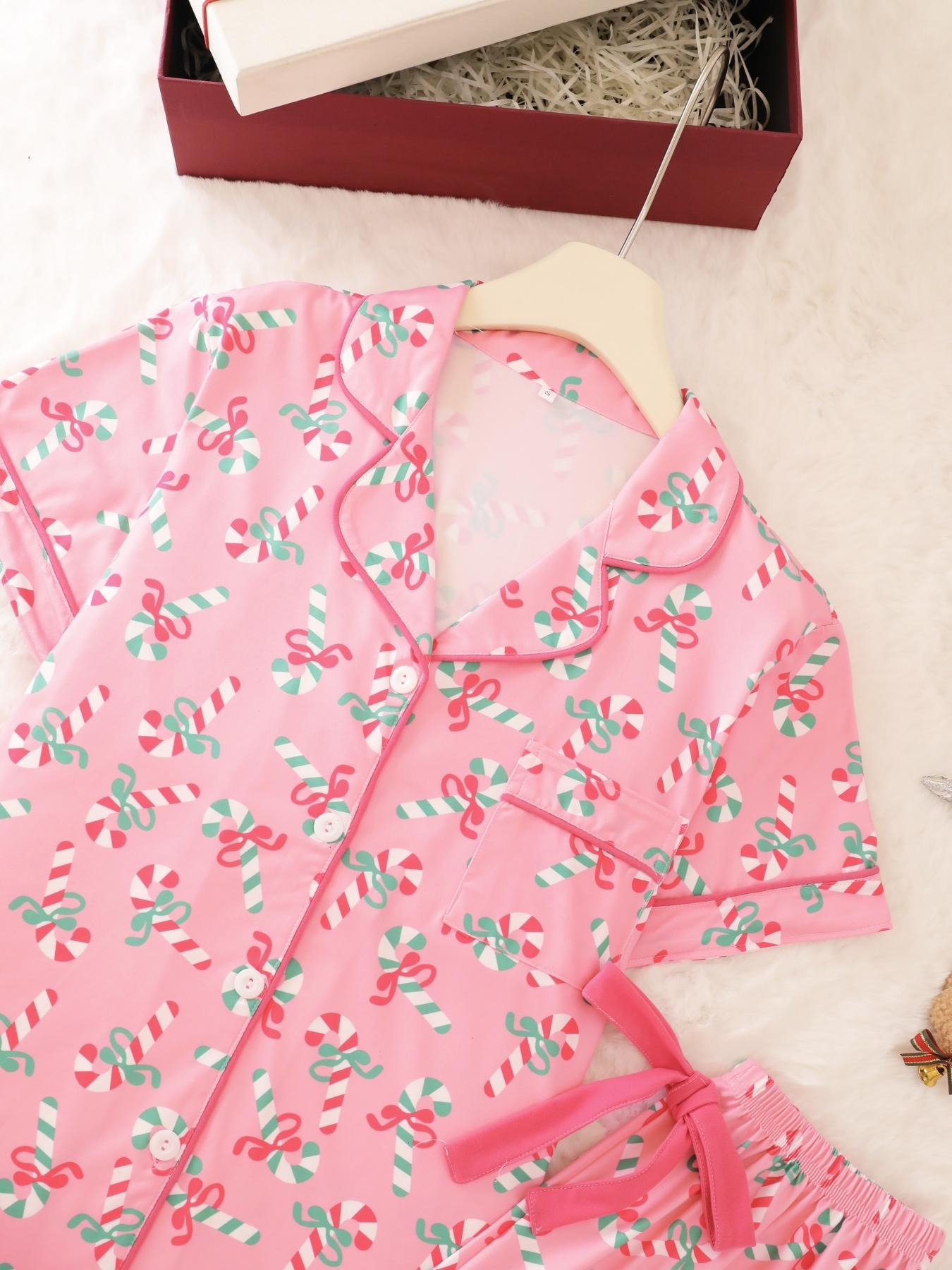 2 pieces of ladies' Christmas cane candy printed short sleeved shorts sleepwear set with buttons, collars, bows, suitable for comfortable and casual home wear in all seasons Pajama Set