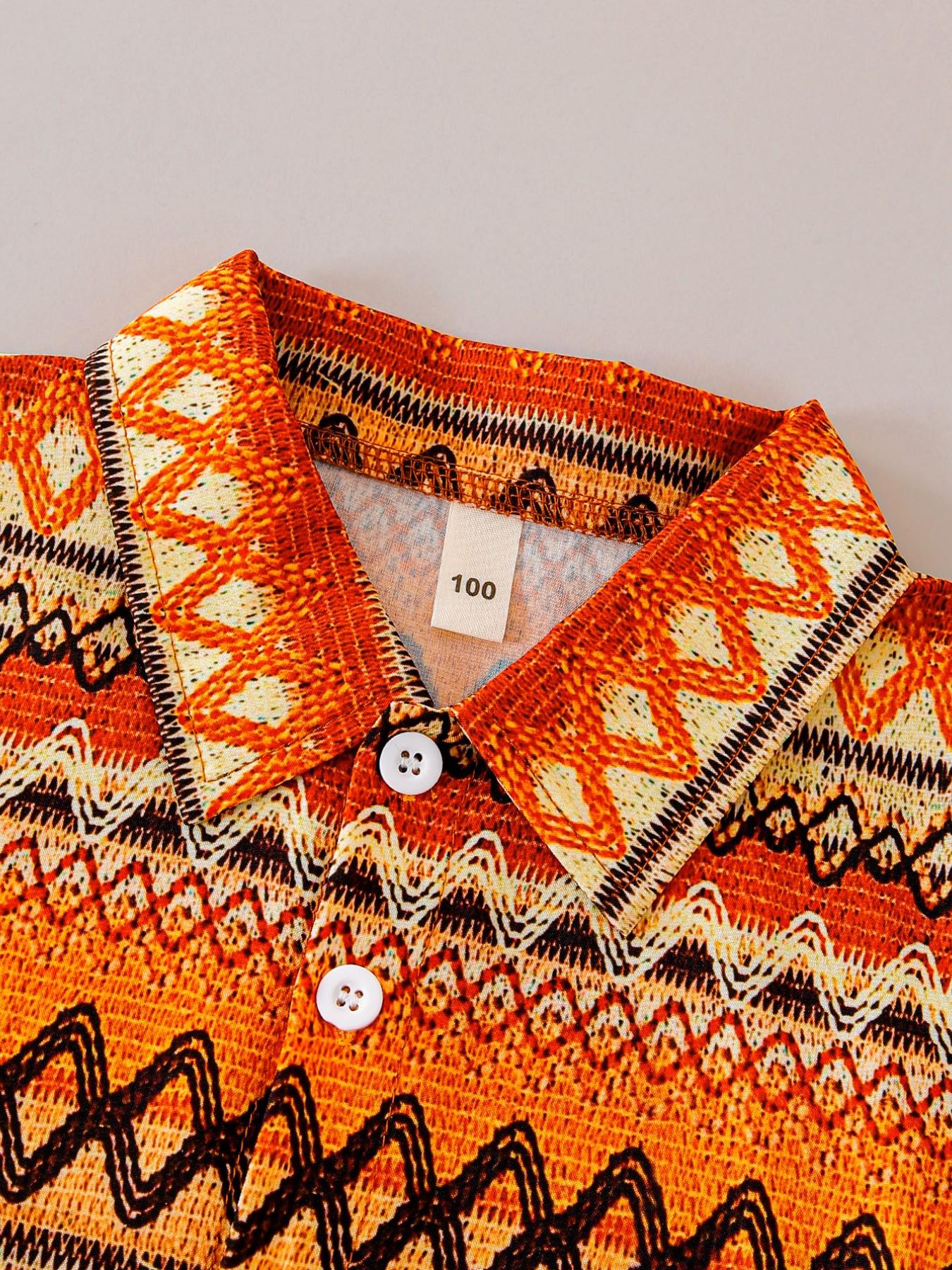 Boys Summer New Set, Button-Up Shirt with Geometric Patterns + Woven Texture Vacation Style Digital Print Casual