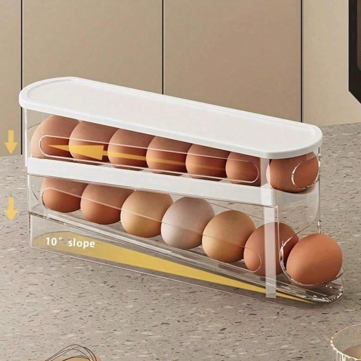 Double-Layer Refrigerator Egg Tray, Rolling Egg Dispenser, Automatic Repositioning, Transparent Plastic Storage Container, Space-Saving, Fridge Organizer, Refrigerator Accessories