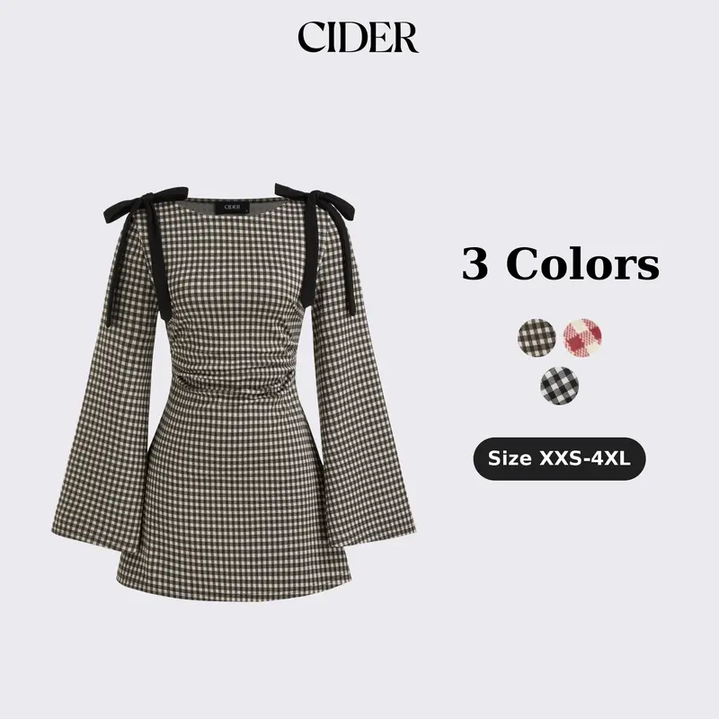Cider Boat Neck Gingham Bowknot Ruched Mini Dress