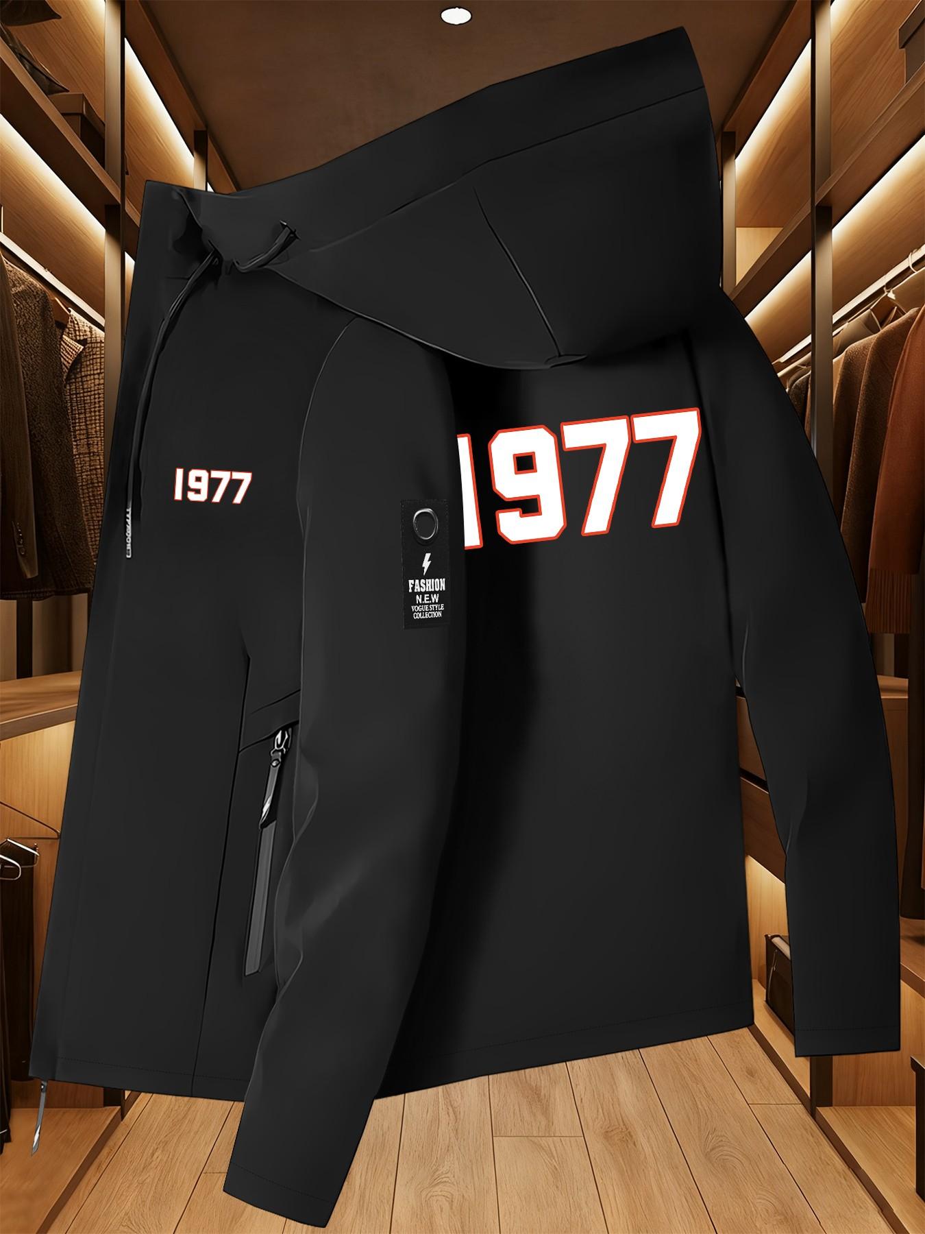 1977 Digital Print Jacket, Retro Number Windbreaker, Simple Casual Hooded Top, Long Sleeve Loose Fit, All Seasons Clothing