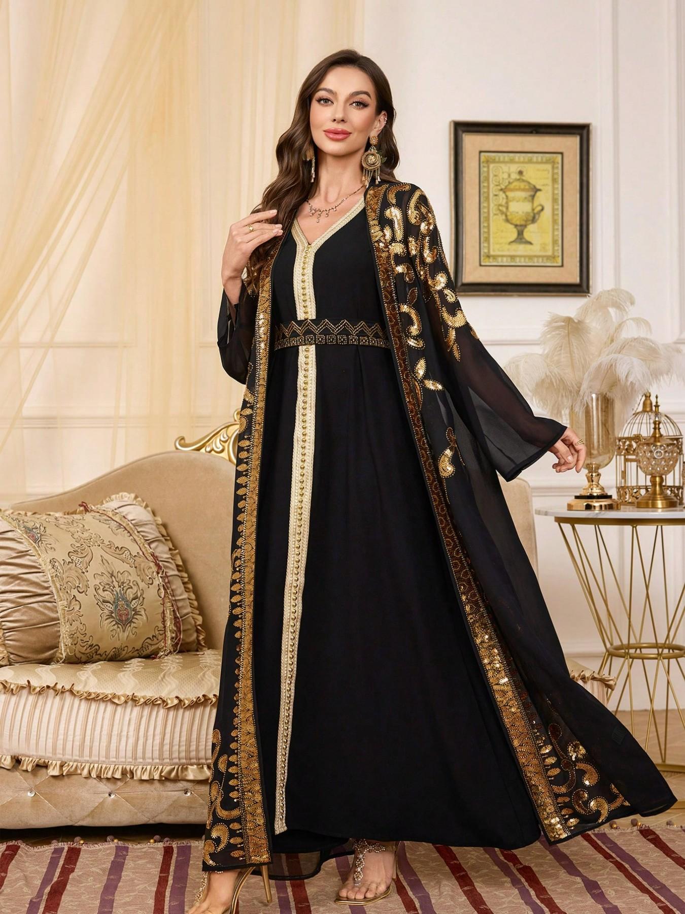 Gold Embroidered Two-Piece Dubai Muslim Robe, Elegant Islamic Clothing, Heavy Sequin Open Front, Elegant Long Sleeve Maxi Dress for All Seasons