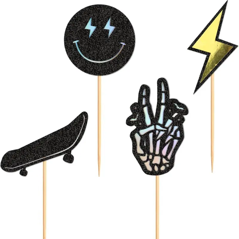 Halloween Smiley Face Lightning Skateboard Cake Toppers, Fun Party Cake Decorations for Birthday Baby Shower and Family Gatherings