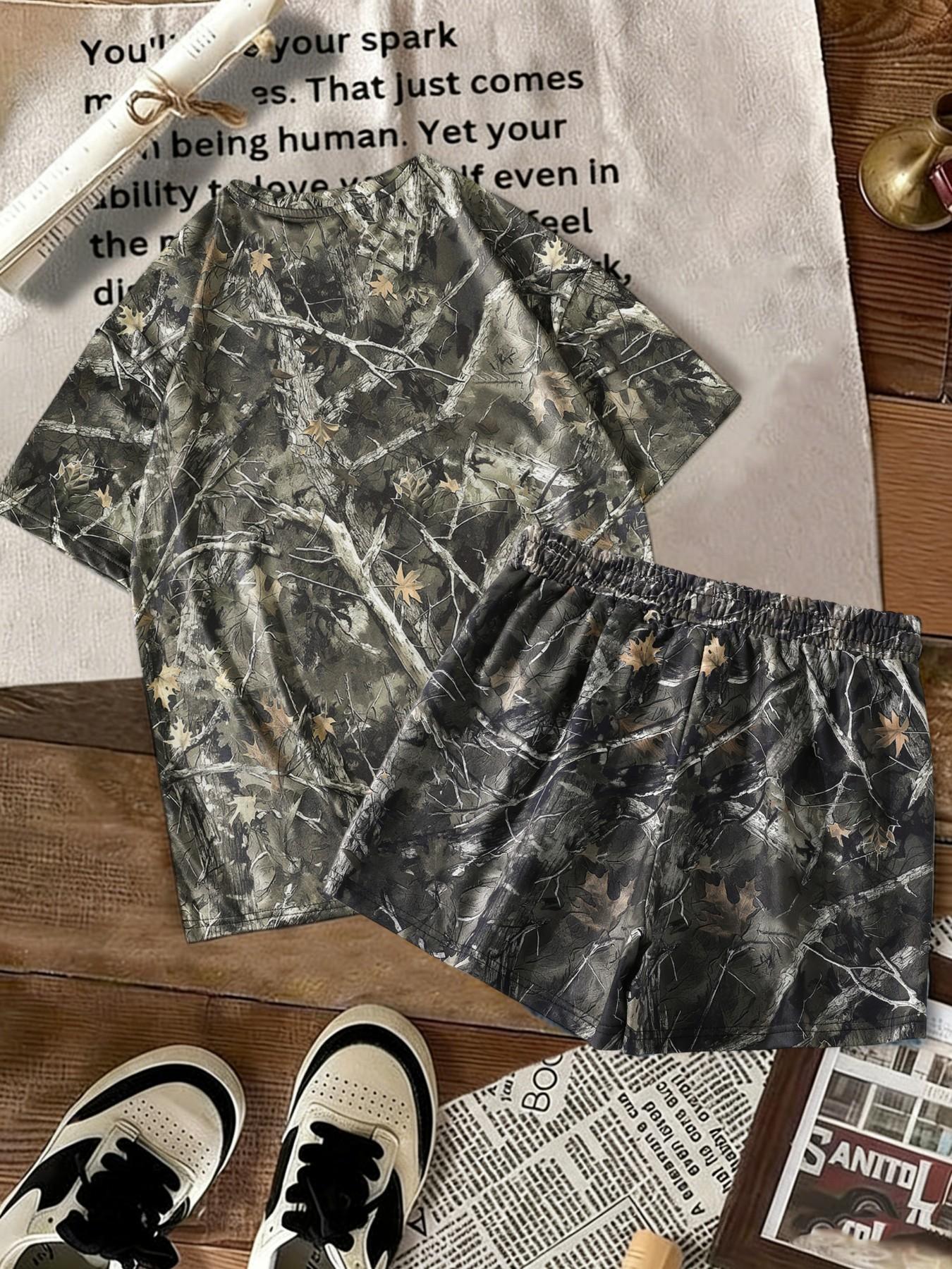 Women's Comfortable Casual Camo Print Loose Short Sleeve T-Shirt & Elastic Waist Shorts Set, Versatile Two-Piece for All Seasons