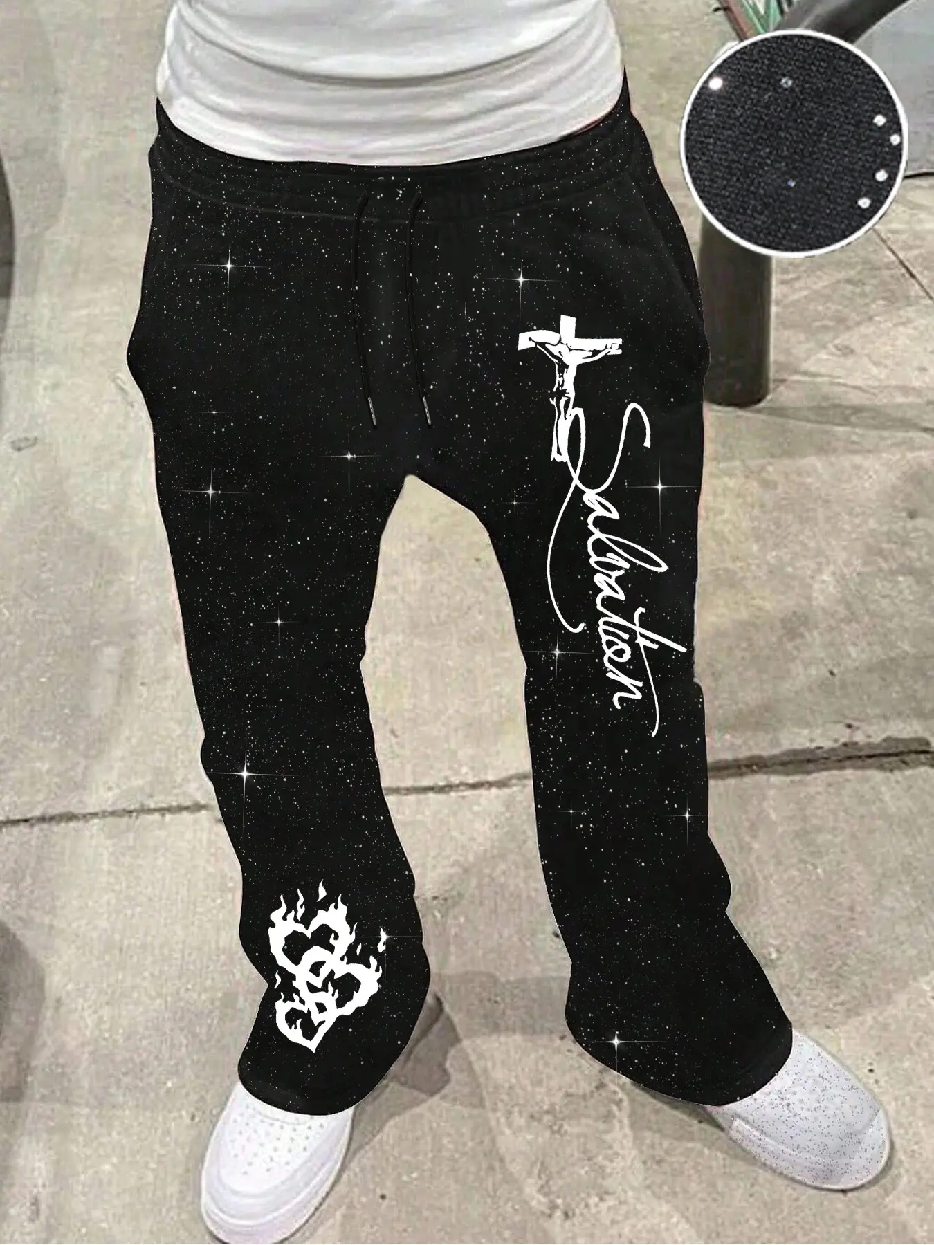 Men's Casual Wide Leg Pants, Glitter Fabric, Cross & Flame Print, Essential for Streetwear Lovers, Must-Have for Men, Casual Streetwear Trousers, Casual Comfy Trouser