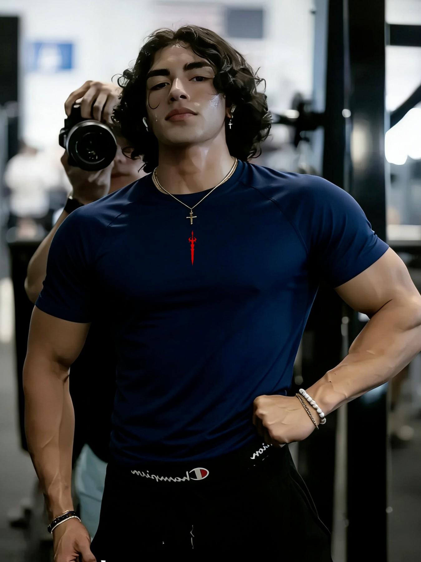 Men's New Fitness Short Sleeve Sword Print Trendy T-Shirt, High Elasticity Tight Fit Quick-Dry Sports Cycling Shirt, Men's Fashion Top