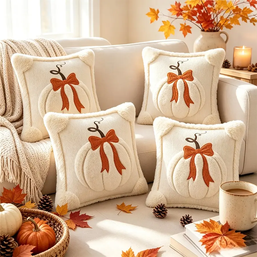 4PCS Fall Throw Pillow Covers 18x18inch Rust Orange Pumpkin Plush | Double-Sided Faux Fur Covers with raised large pumpkin 3D embroidery, designed for bedrooms, and cozy fall home decor, Autumn Decor (Without pillow insert)