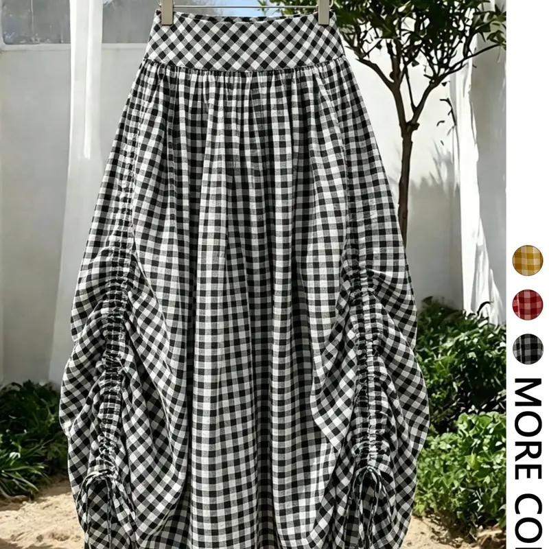 Gingham Ruched Drawstring Adjustable Asymmetrical Midi Skirt Women Aesthetic Retro Streetwear Style