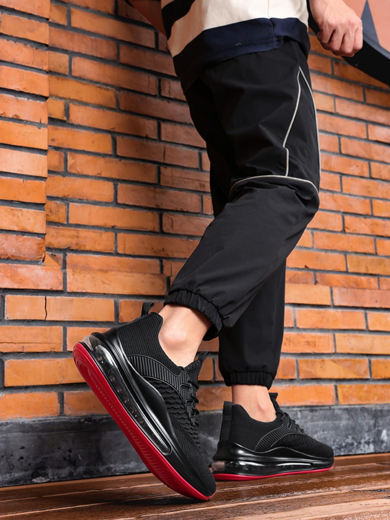 New Fish Scale Full Sole Air Cushion Running Shoes, Men's Flyknit Breathable Sport Shoes, Thick Sole Shock Absorption Casual Shoes