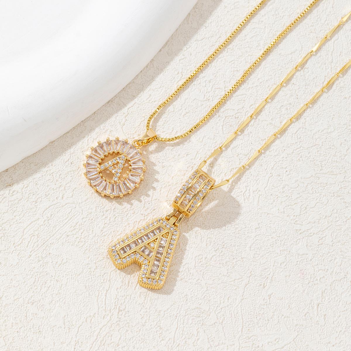 Trending Diamond pendant necklace, 26-letter copper inlaid with zirconium, real gold plated, round flower jewelry set for women