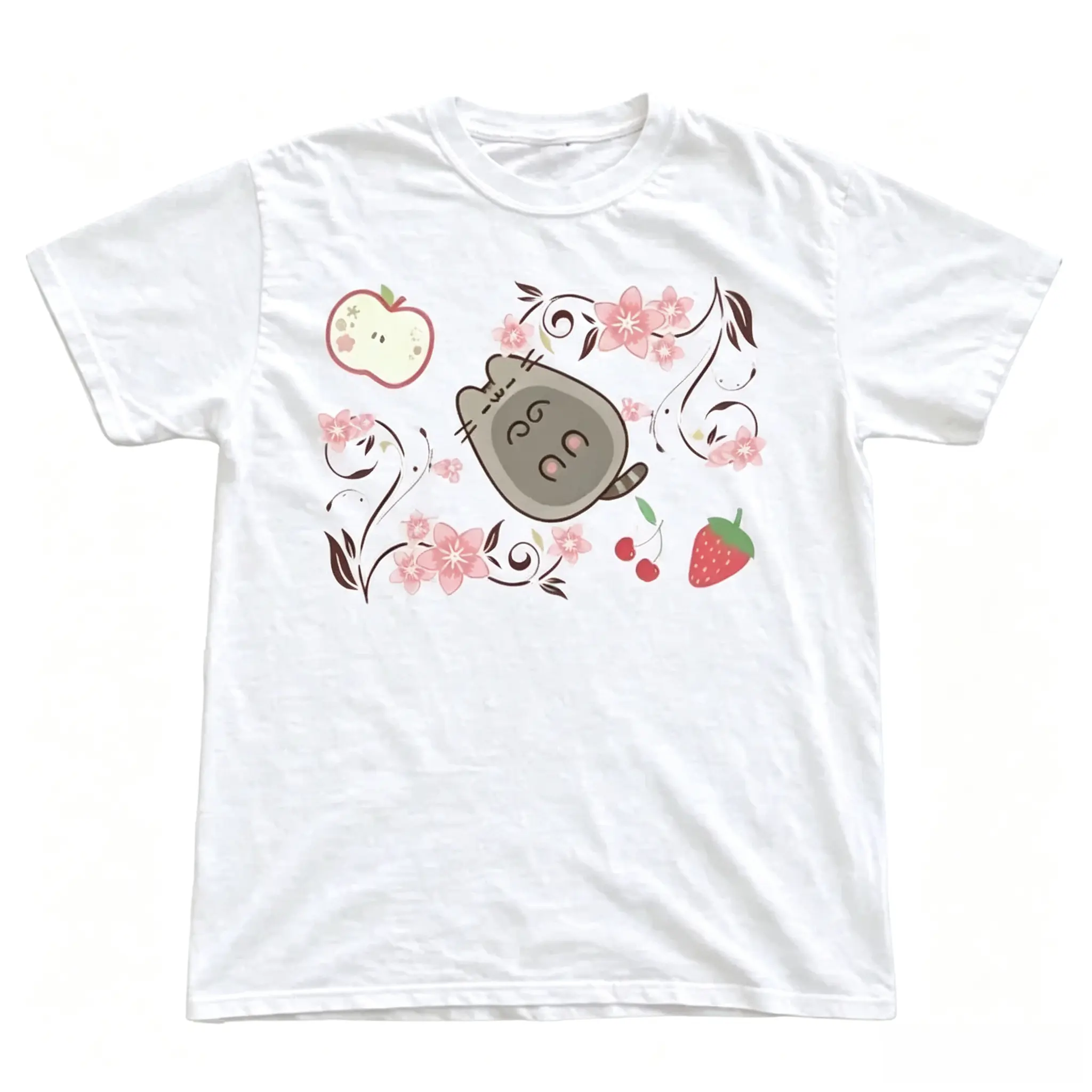 Vintage Pusheen Pink Cat T-Shirt, Cute Cherry Blossom Fruit Graphic Tee, Japanese Style Pastel Aesthetic Gift Shirt, Gildan Unisex Comfort Fit