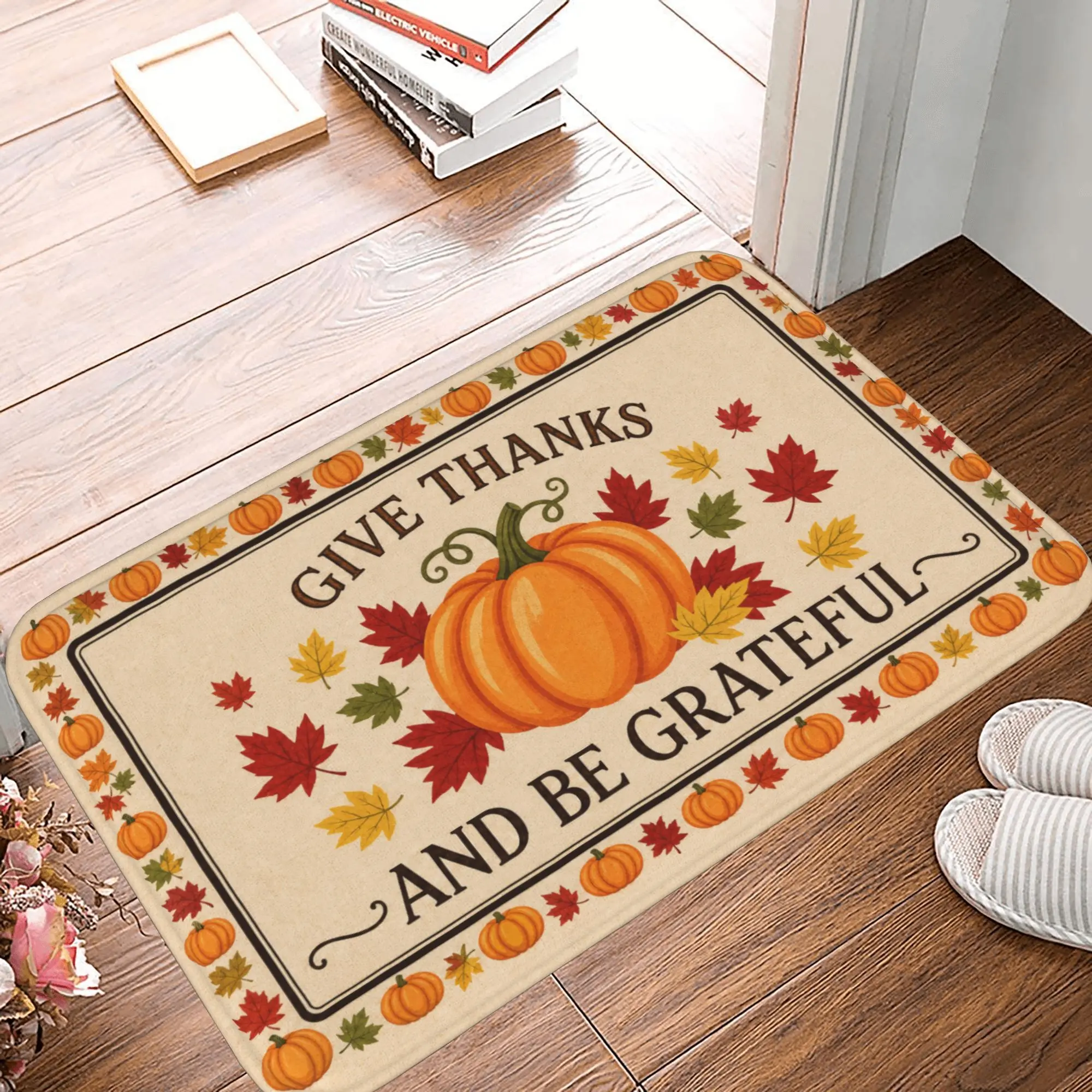 Thanksgiving Door Mat Fall Pumpkin Maple Leaf Flannel Welcome Mat Non-Slip Washable Indoor Entrance Rug Low-Profile Floor Mat for Home Kitchen Decor