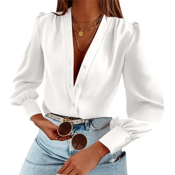 Imily Bela Women's Business Casual Tops Summer Long Sleeve Silk Button Down Shirts V Neck Chiffon Blouses