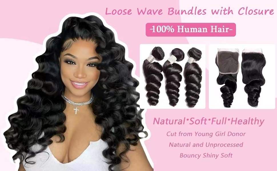 VIPbeauty  Loose Wave Human Hair Bundles Loose Wave Bundles with 5x5 lace Closure Human Hair Bundles Loose Deep Wave Hair 3 Bundles with Closure 10A Grade Brazilian Virgin Hair