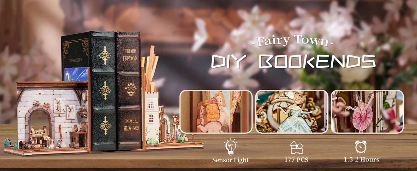 CUTEBEE DIY 3D Book Nook Kit Fairy Town – Miniature Wooden Fairy Tale House Dollhouse, Handmade Bookends and Tiny House Shelf Decor | Holiday, Christmas and Black Friday Gift