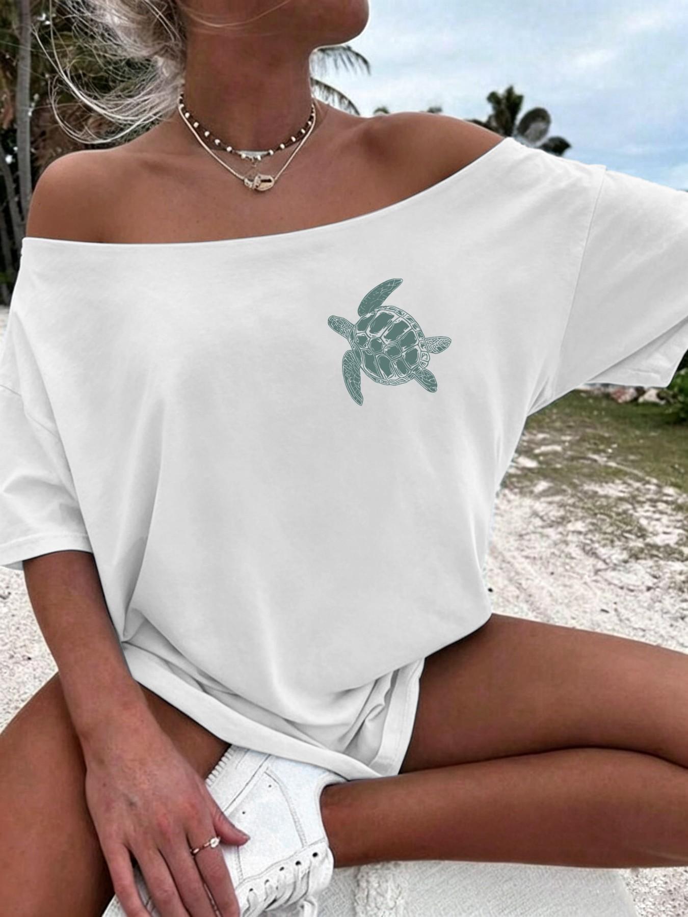 Women's Oceanic Turtle Print Off-Shoulder Loose Summer T-Shirt, Casual Fashion Loose, Casual Short Sleeve Bohemian Beach Top, Boho Casual Wear