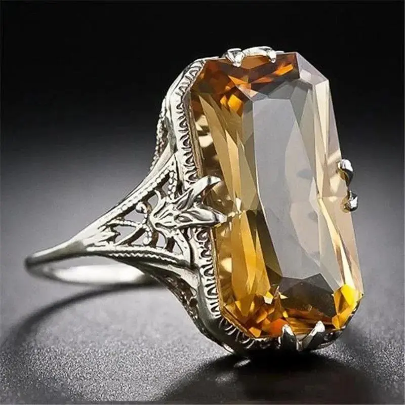 Women's S925 Silver Citrine Ring - Hand-Carved Hollow Carving Natural Gemstones Jewelry, Exaggerated Design, Size-Adjustable Option, Wedding Party Accessory, Wholesale