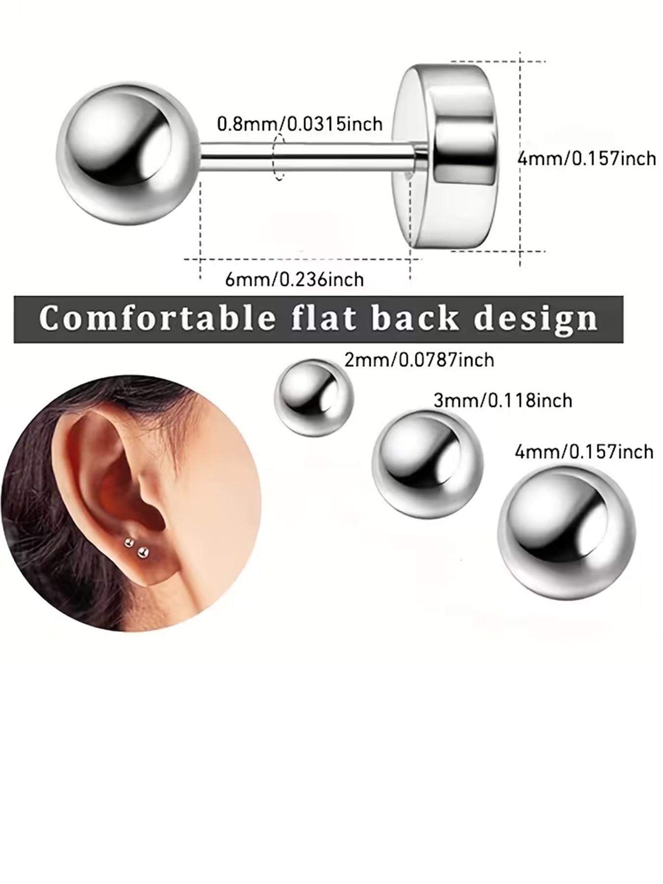 6pcs Stainless Steel Ball Earrings Set, 2mm 3mm 4mm Screw Back Studs, Hypoallergenic, Unisex, Shower & Sleep Safe, Allergy-Free Gift