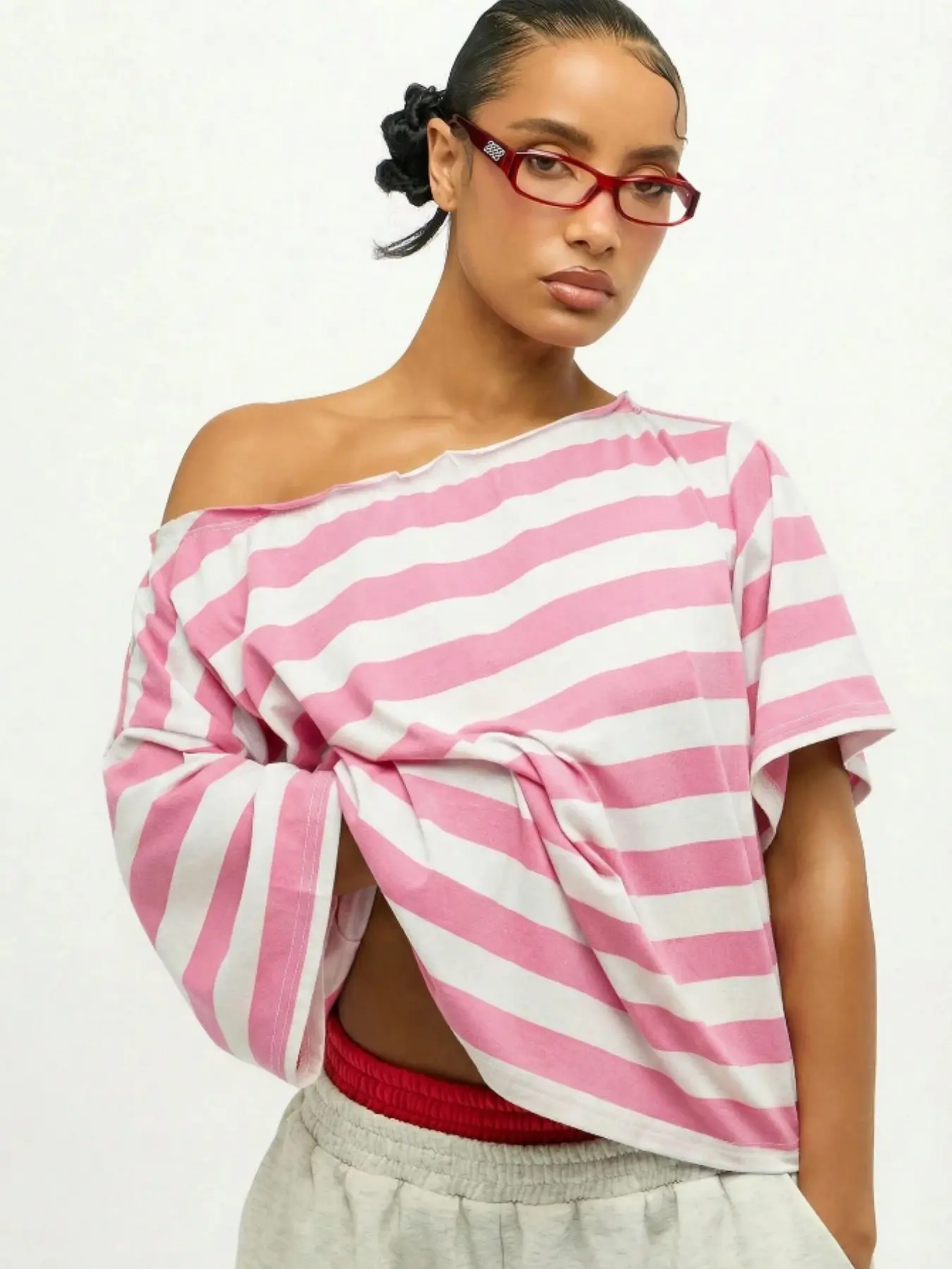 Women's Striped Off-Shoulder T-Shirt, Loose Bat Sleeve Short Top, Y2K Retro Casual Streetwear, All Seasons Fashion Shirt