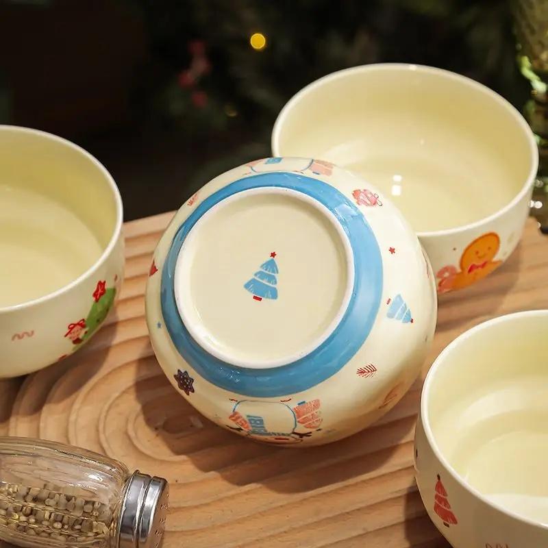 4Pcs Cute Snowman Christmas Tree Ceramic Bowl Kawaii Soup Bowl Home Kitchen Noodle Ramen Tableware Bowl Christmas Gift Kitchen Bowls