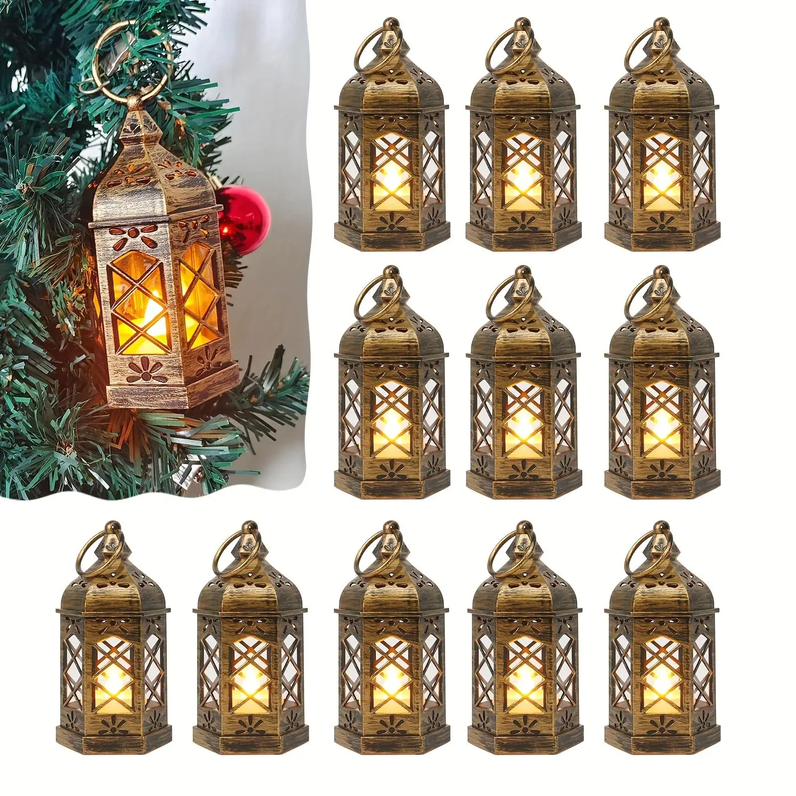 Mini Lantern Decorative 12pcs Small Lanterns with LED Candle, Halloween Decoration Hanging Lantern Decorative Vintage Lantern Bulk for Wedding Xmas Table Centerpiece Party Decor