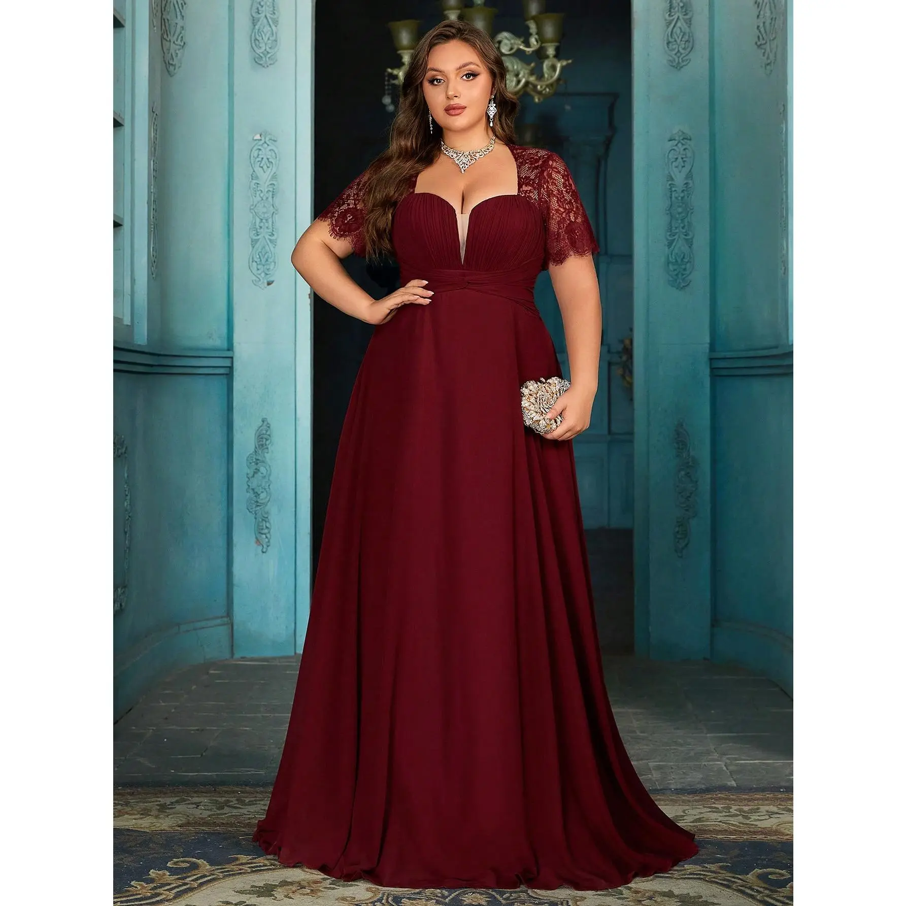 Plus-Size Women's Lace Patch Short Sleeve Sweetheart Chiffon Maxi Gown, Empire Waist A-Line Formal Dress For Bridal Parties & Anniversary Galas