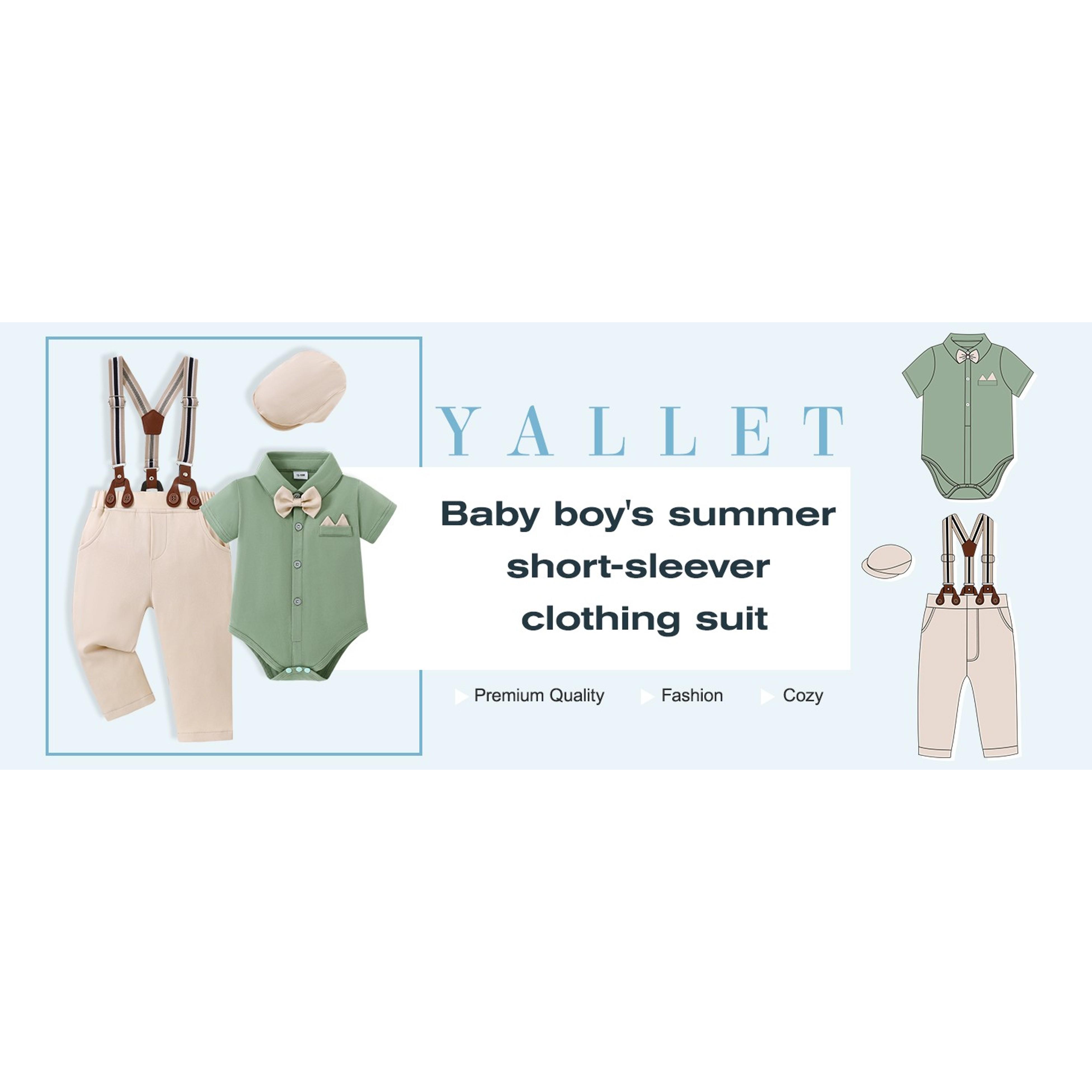Baby Boy Gentleman Outfit Set Newborn Infant Formal Wear 0-24 Months 4-Piece Cotton Blend Short Sleeve Shirt with Beret Hat Suspenders Pants Bowtie Button Closure Sizes 0-3, 3-6, 6-12, 12-18, 18-24 MonthsGift