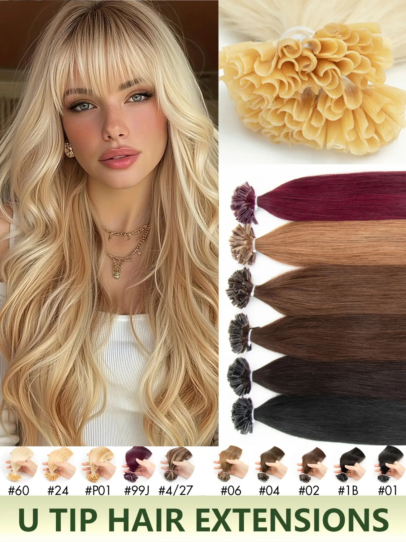 Remy Human Hair U‑Tip Hair Extensions Keratin Nail Tip Cold & Hot Fusion Straight Hair Pieces Natural Soft Black Brown Blonde Highlights 12‑22 Inch 50Pcs For Women Daily Festival Hairstyle Thick Hair Extensions