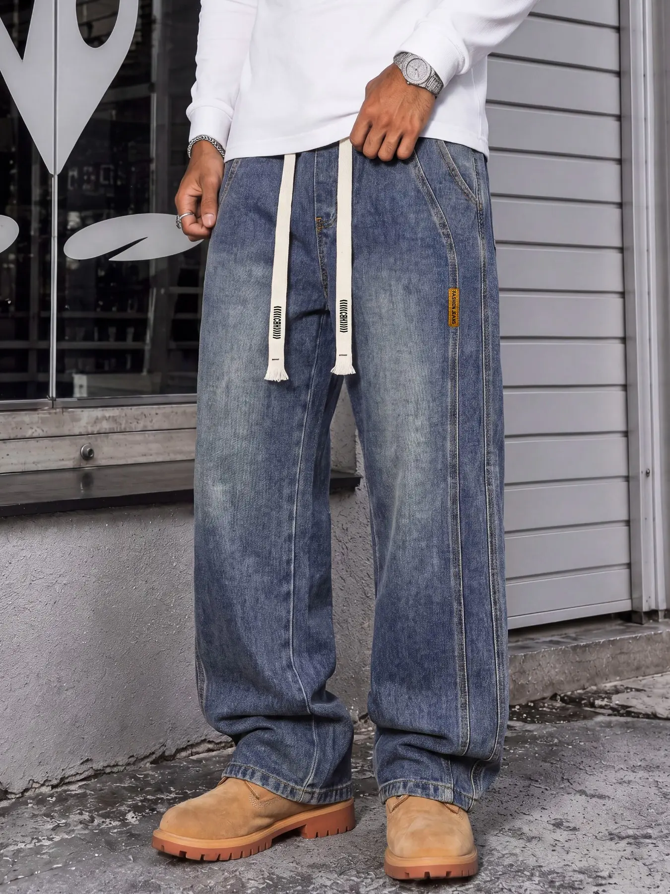 Men’s Washed Straight-Leg Jeans, Elastic Drawstring Waist, Vintage American Streetwear Essential, Casual Everyday Denim Pants