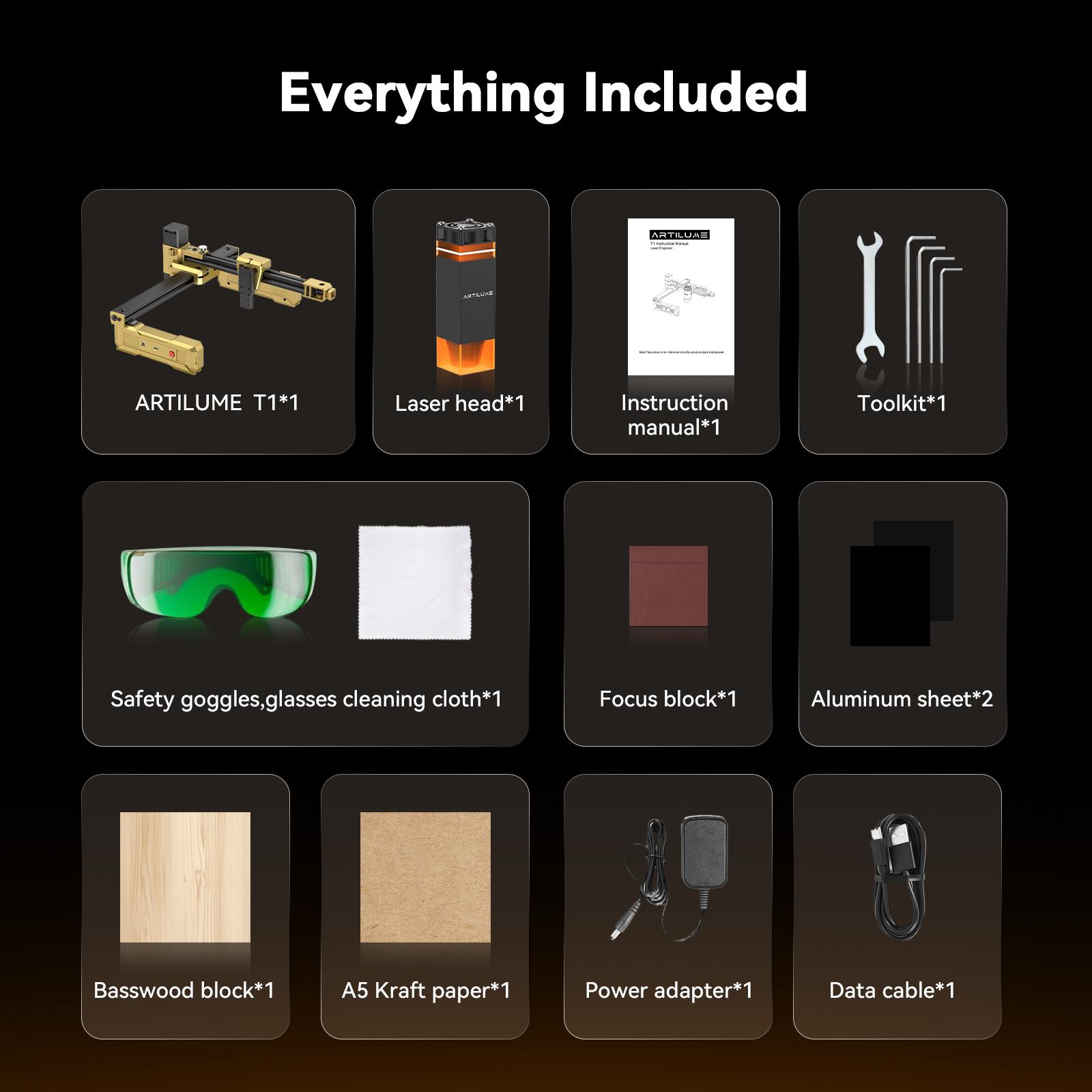 Artilume T1 Foldable Laser Engraver, No Assembly Required, Portable Use Anywhere, 10000mm/min Movement Speed, 0.01mm Accuracy, 200×150mm Working Area for Wood, Leather, Acrylic, and Coated Metal — Ideal for DIY & Small Businesses