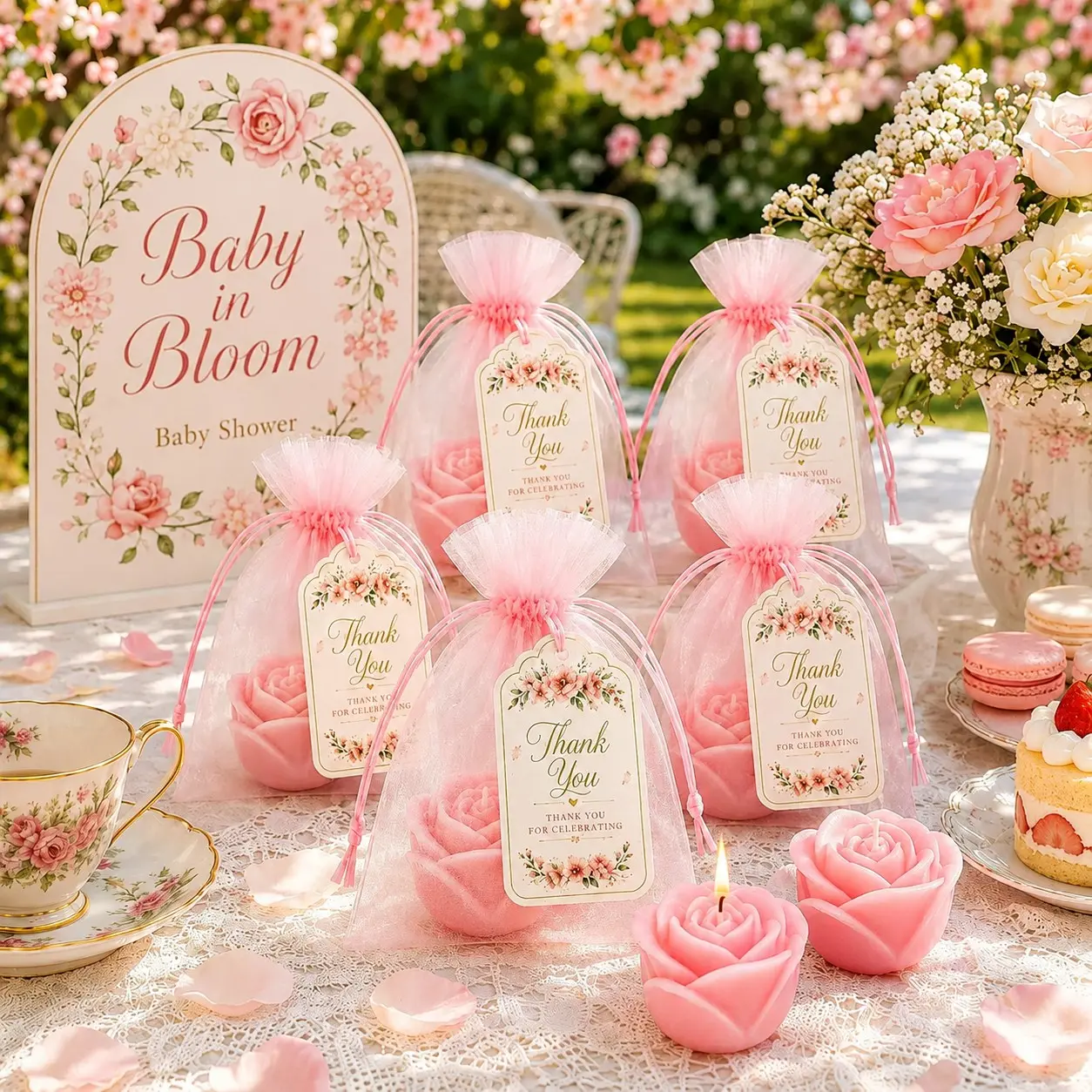 5/10 Sets Pink Rose Candle Baby Shower Favors, Floral Candles with Organza Gift Bags and Thank You Tags, Baptism and Christening Favors, Baby Girl Birthday, Wedding and Tea Party Guest Gifts