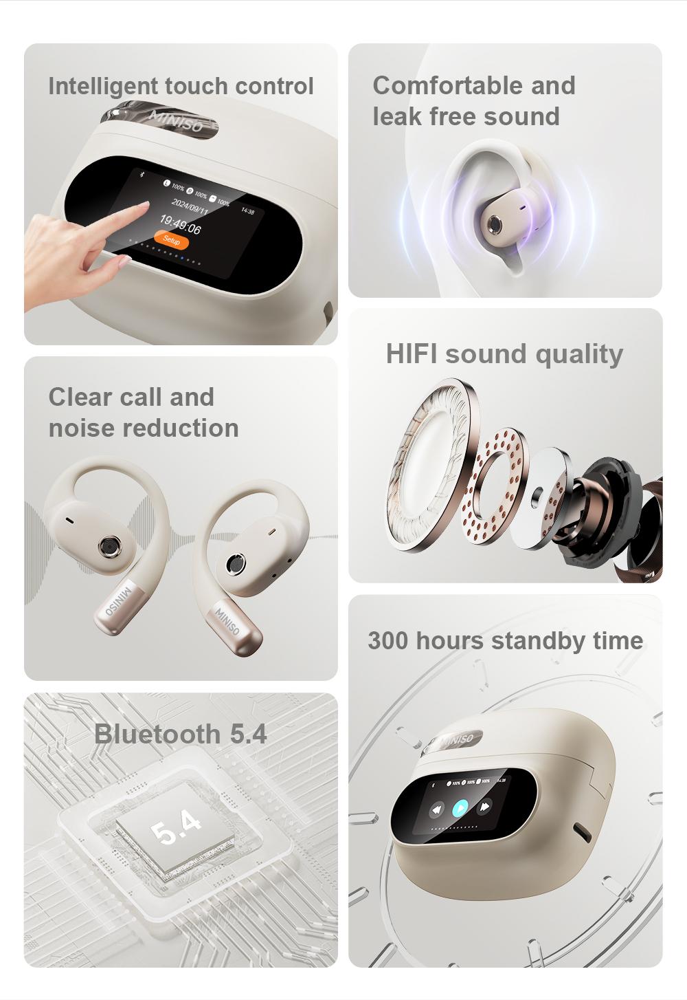 MINISO MS150 True Wireless Hanging Ear Bluetooth 5.4 headphone| HiFi Sound, Waterproof, Full Color Touch Screen, Noise Reduction, audio