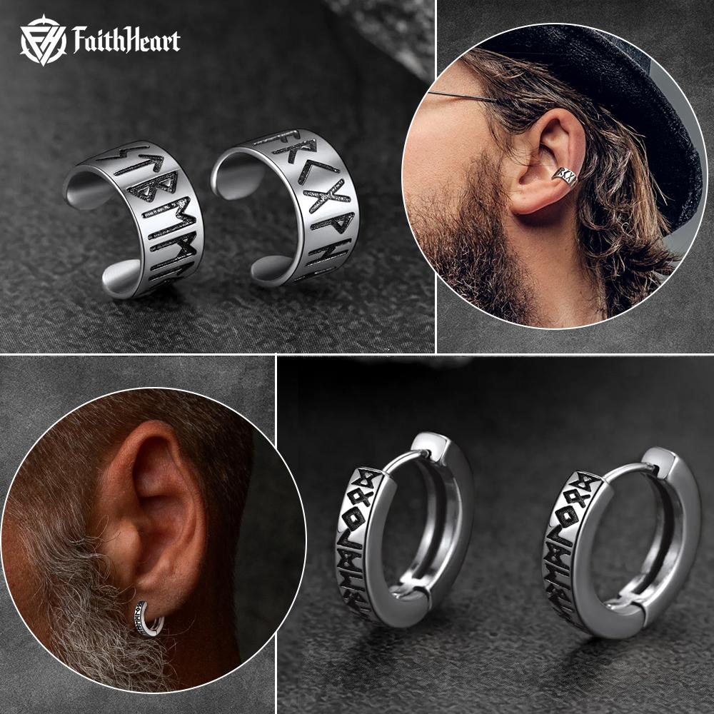 FaithHeart Norse Viking Runes Ear Cuffs Hoop Earrings for Women Men Gothic Jewelry Father's Day gift