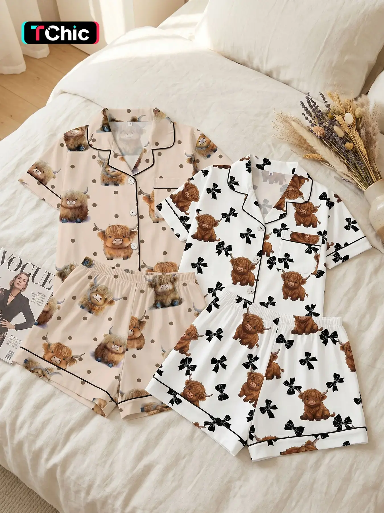 Women's 2 Pack Short Sleeve Button Down Top and Shorts Pajama Set, Collared Pajamas, Spring Summer Wear, Dayjama Style Highland Cow Print Set, Loose Fit, Casual Loungewear for Home & Errands Pjs Pyjamas Nightwear