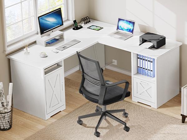 DWVO L Shaped Desk with Power Outlets, 60 Inch Computer Desk Corner Desk with File Drawer, Home Office Desk with Monitor Stand & Storage Shelves, L-Shaped Desk with File Cabinet