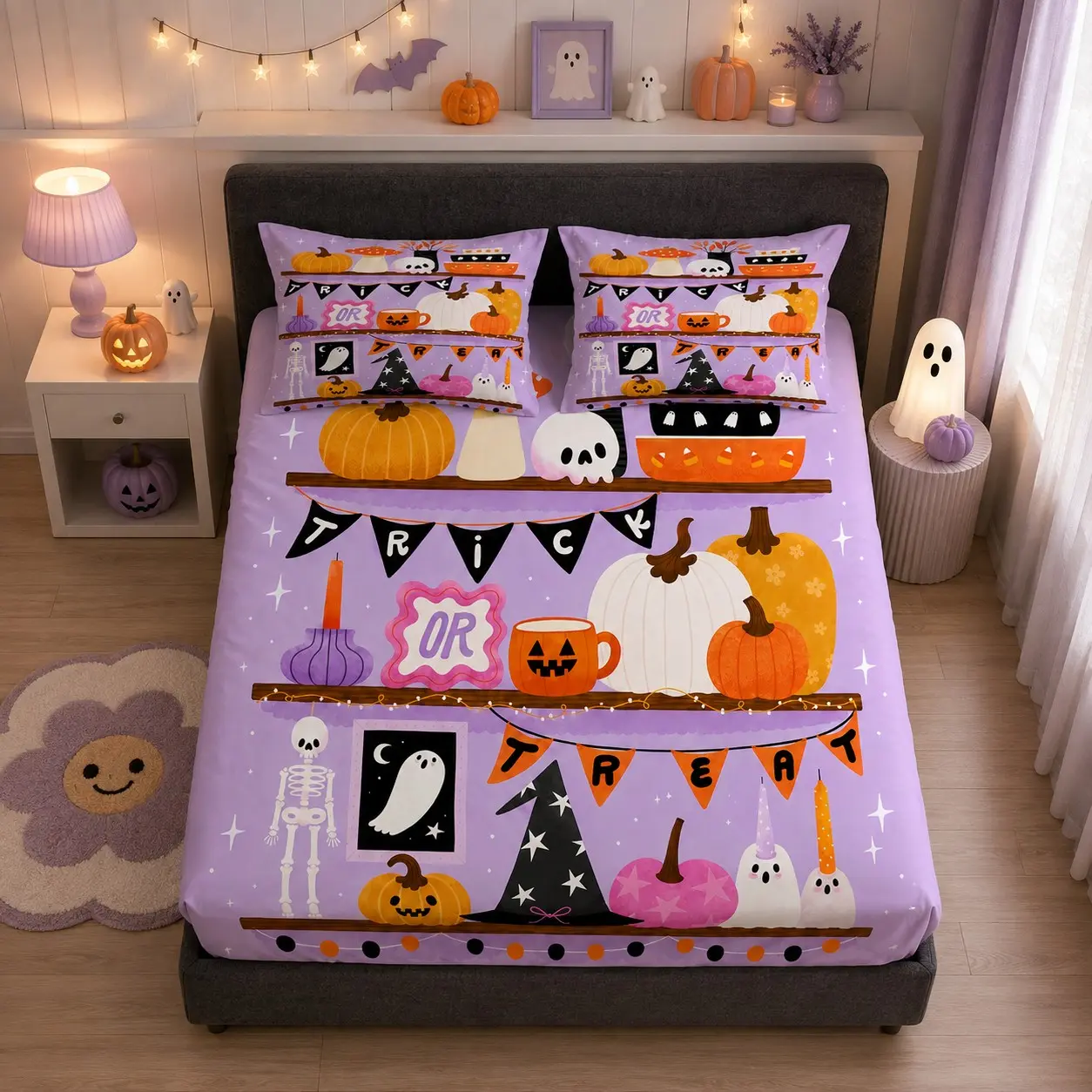 Sweet‑Edgy Witch Shelf Print Fitted Sheet Set, 1 Fitted Sheet + 2 Pillowcases, Without Pillow Inserts, Deep Pocket, for Teens and Adults Retro Halloween Bedroom Decor, Halloween Bedding Gift, Fitted Bed Sheets