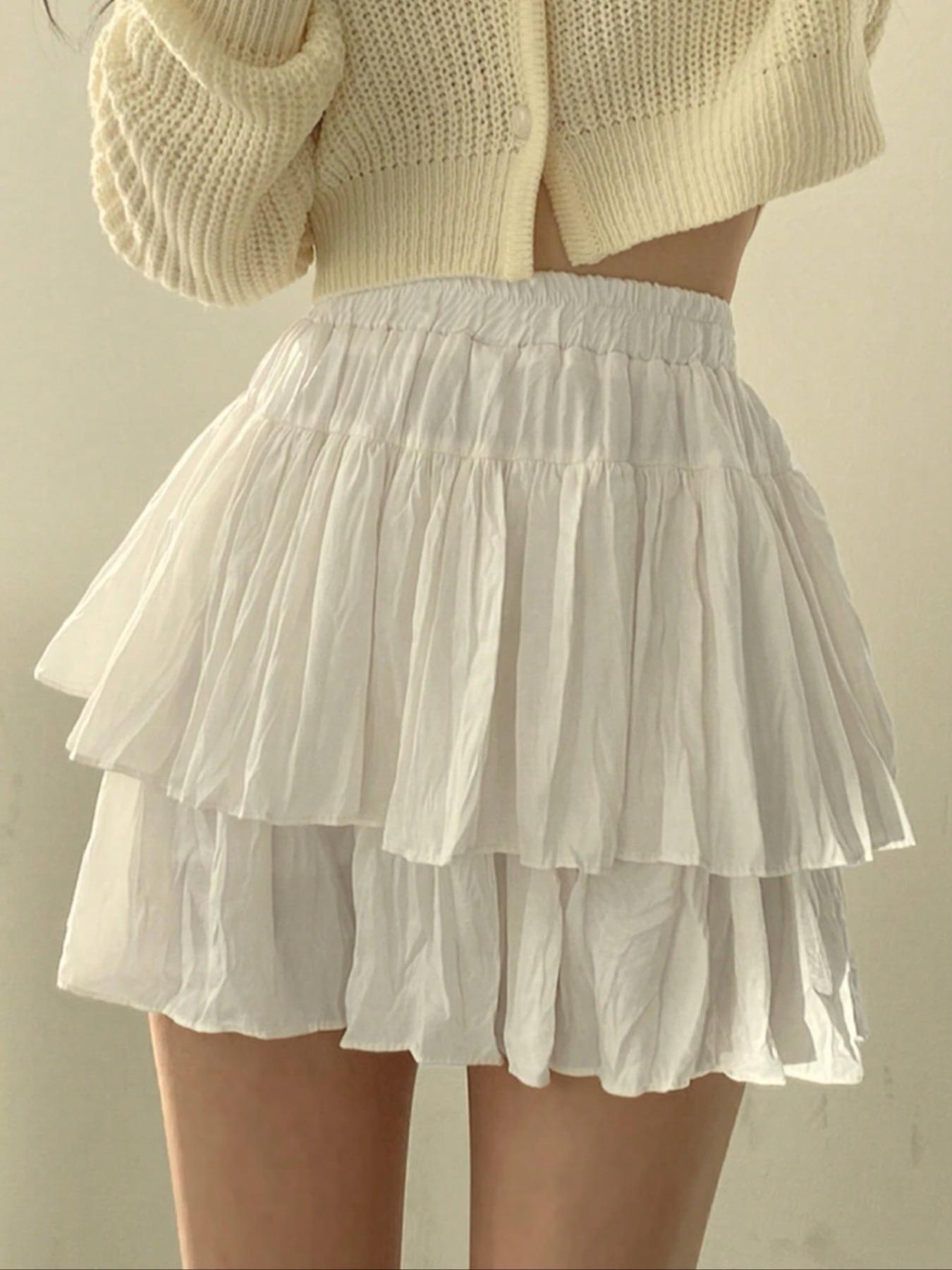 French ballet-style white puffy tiered skirt for women - summer short ruffled mini skirt, high-waisted, slimming A-line half skirt