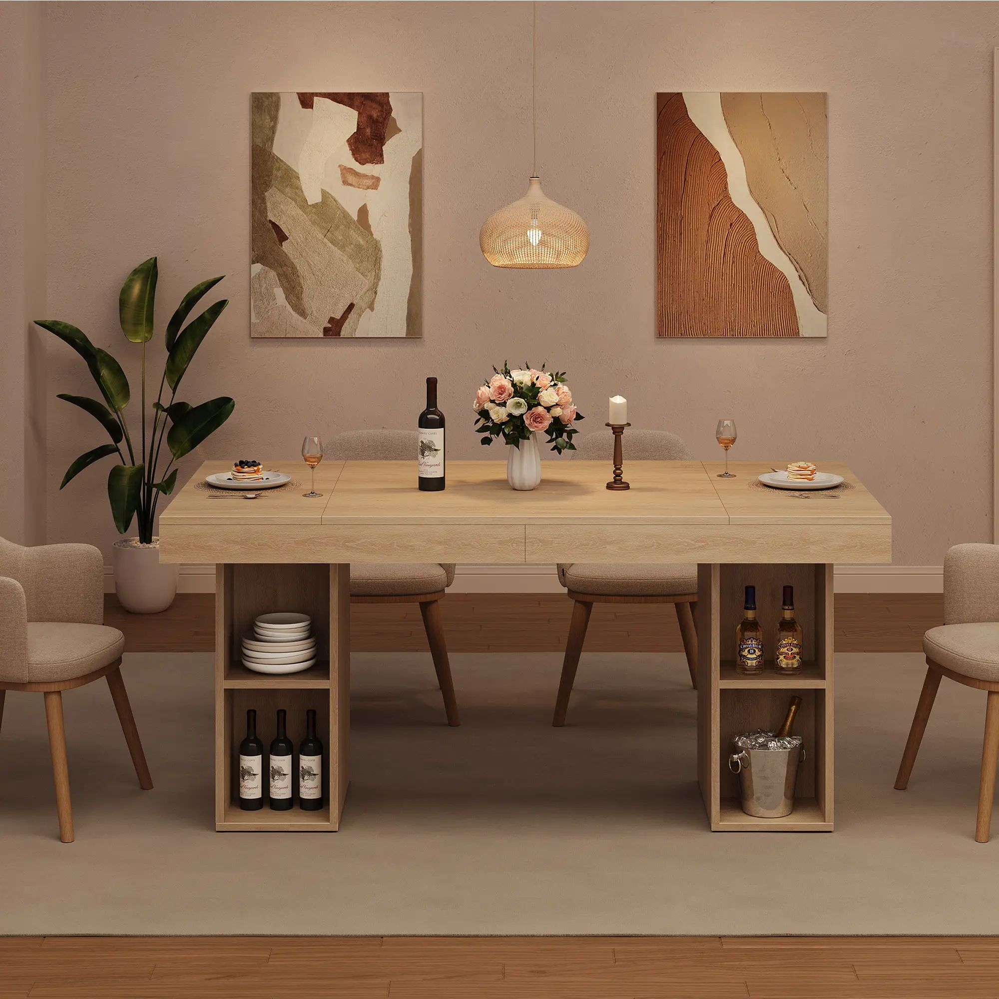 Spacious Double Pedestal Dining Table – 62.9-Inch Rectangular Sturdy Wood Table for 4-6 – Dual Side Storage – Sturdy Oak Frame – Easy DIY Assembly – Ideal for Dining Room or Office