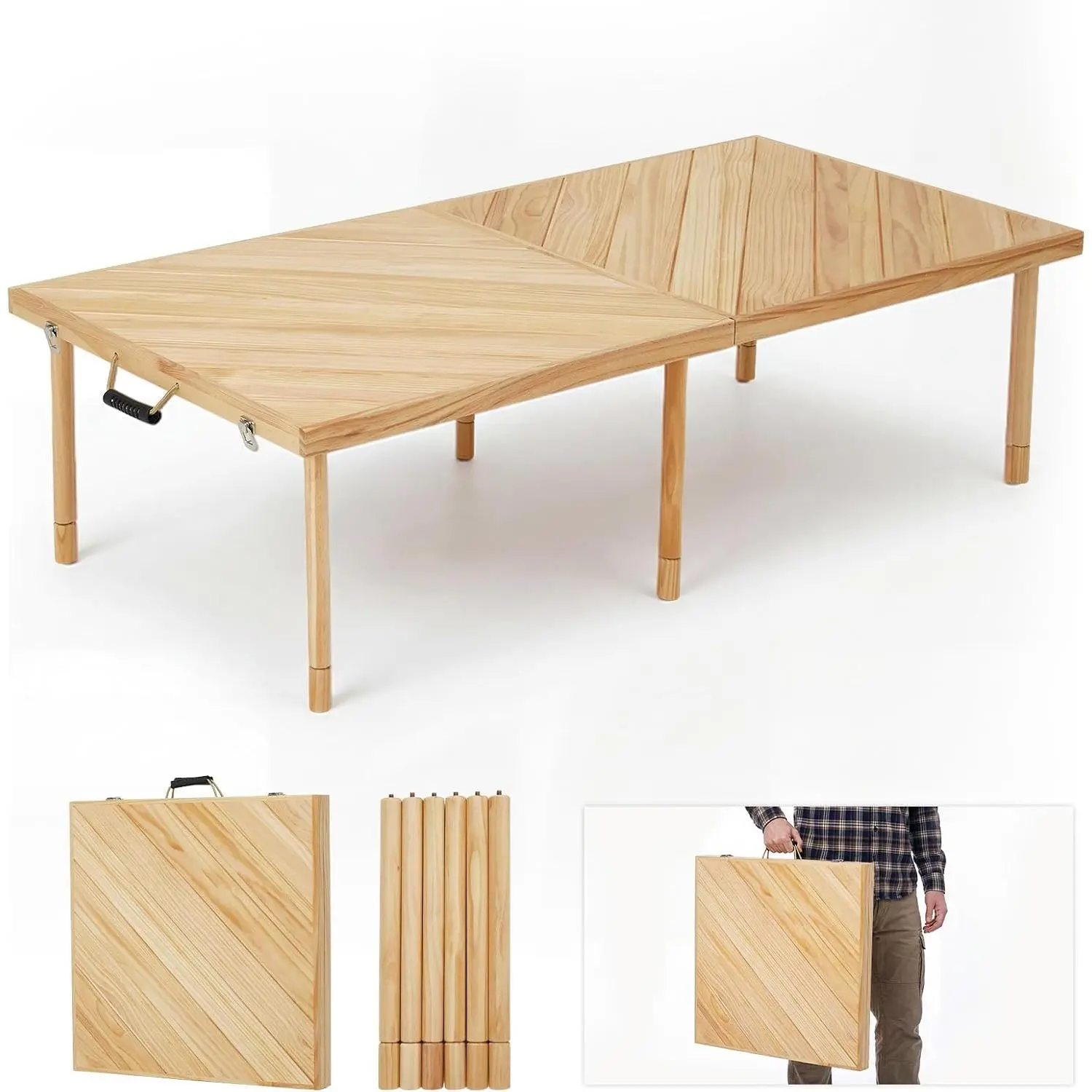 60" x 30" Wood Outdoor Folding Picnic Table Compact Folding Table | Lightweight, Adjustable Height Easy Setup, Sturdy Construction, Built-in Handles Convenient Carry