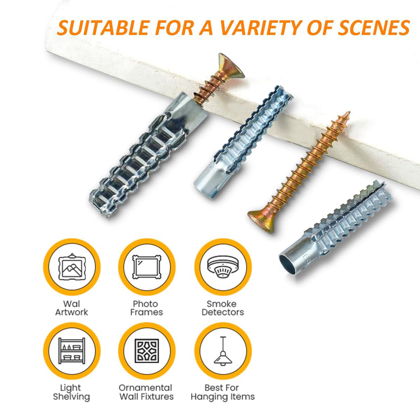 50 Counts Metal Expansion Screws,Heavy Duty Hollow Wall Anchors with Screws,Ldeal for Concrete Wall,Loose Hinge Hole Repair Kits,Hollow-Wall,Wooden Wall and Hinge Hole Repair.