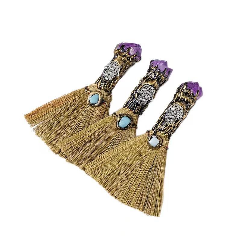 Natural Amethyst Fatima Handheld Mini Witch Broom, Vintage Handmade Magic Broom, Turquoise & Amethyst, Natural Straw Bristles, Healing Energy