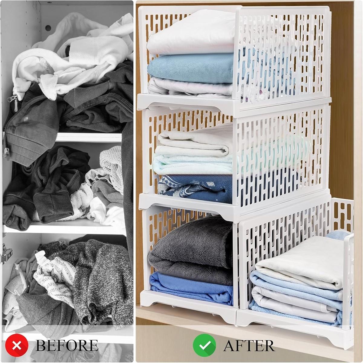 Stackable Plastic Storage Baskets, Collapsible Storage Baskets, Foldable Closet Organizer Boxes, Wardrobe Container & Drawer Rack, Suitable for Cabinets, Bedroom, Bathroom, Kitchen, Closet & Cabinet Organizer